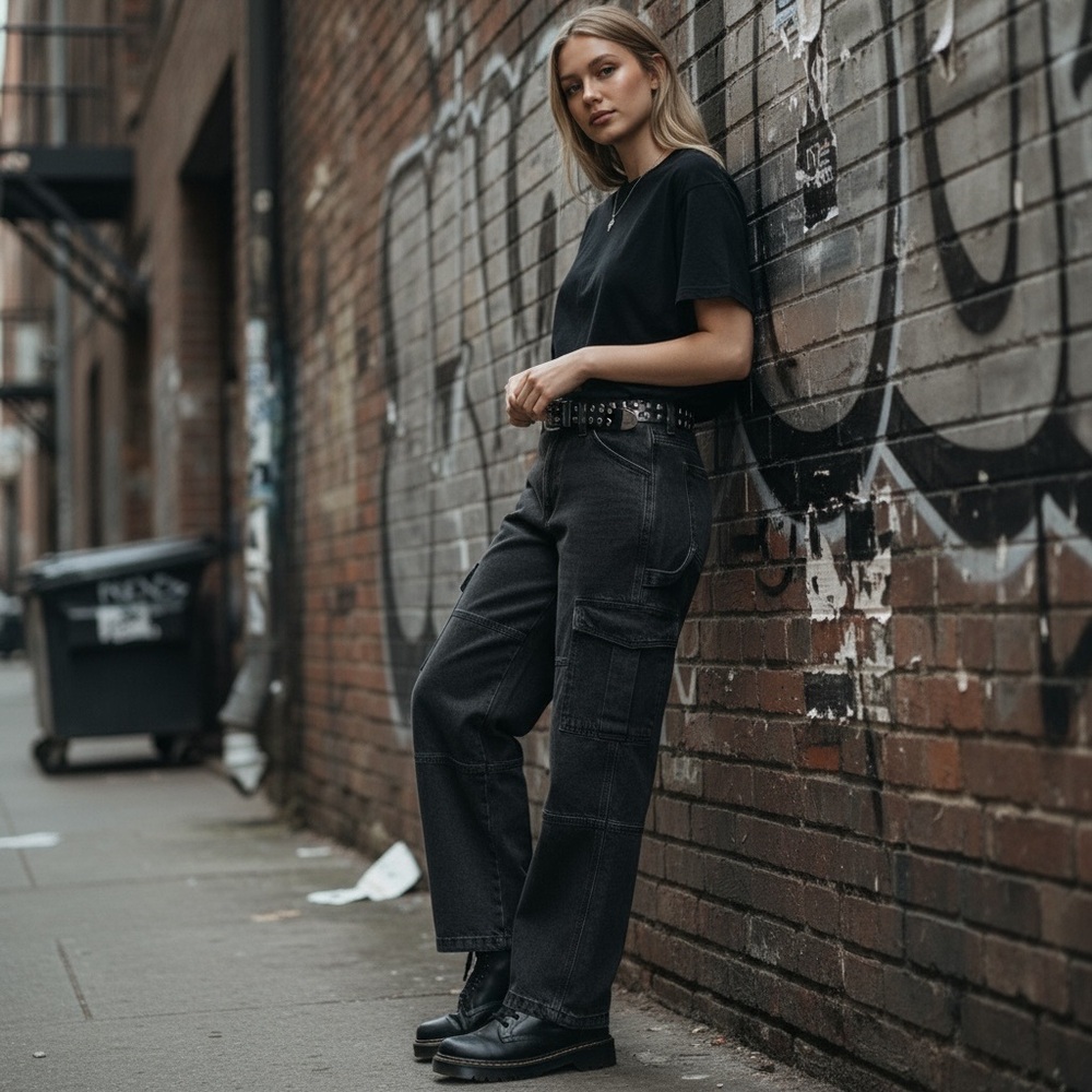 Divided Distressed Black Cargo Baggy‎ Jeans Denim 12 Hip-hop grunge goth skater